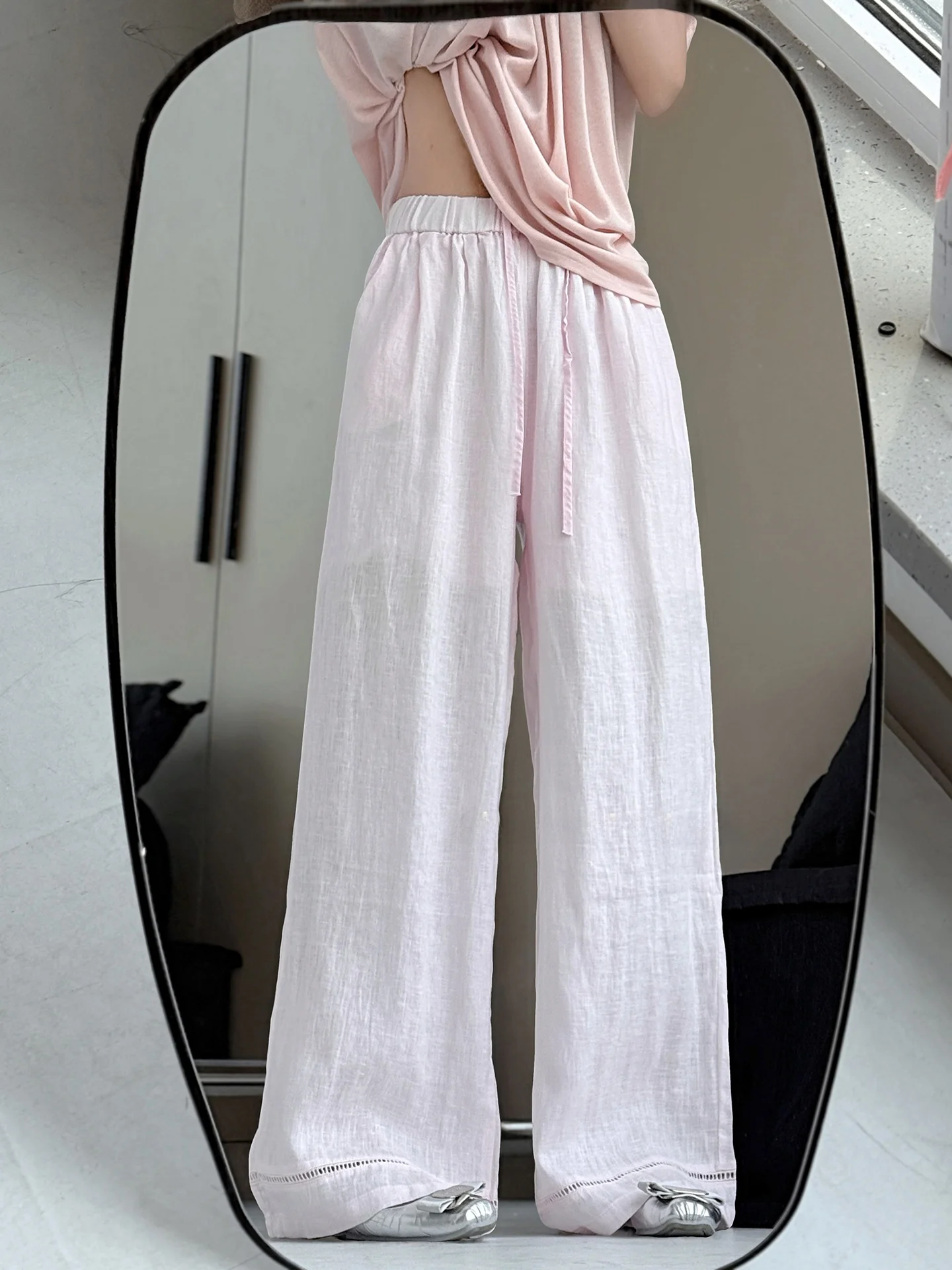 

Pink Linen Embroidered Hollow out Hem Casual Pants Women's Summer New Loose Slimming High Waist Drapey Wide Leg Pants