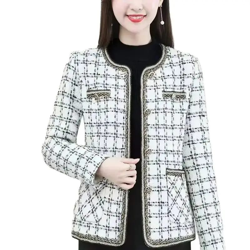 

Fashion Middle-Aged Elderly Ladies Coat Tops Round Neck Single Breasted Spring Autumn Jacket Casual Women‘s Plaid Outerwear