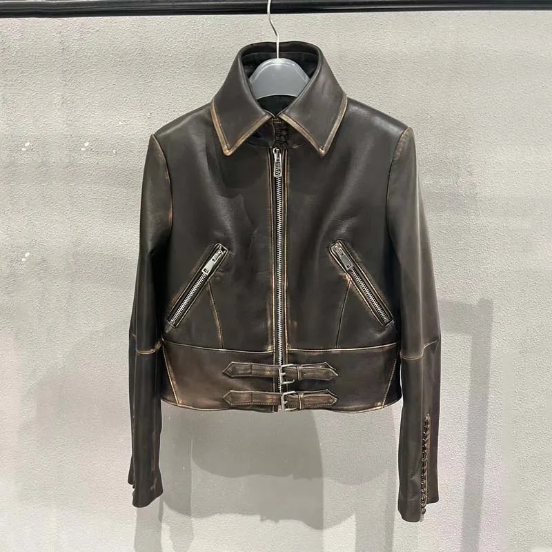 High Quality Women Coat Spring 2024 Genuine Leather Jacket Do The Old Wear Process Turn-Down Collar Lace-up Decorations