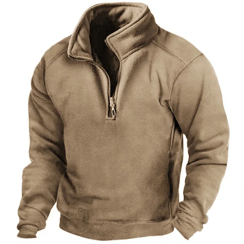 2024 Mens Half-Zip Sweatshirts Autumn Male Stand Collar Loose Solid Color Pullover New Man Trend Casual Army Green Hoodies