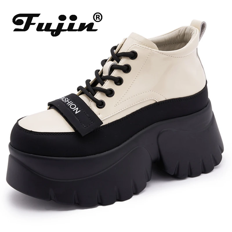 Fujin 8cm Patent Leather Synthetic Chunky Round Toe Heel Women Lace Up Summer Fashion Hight Heels Platform Women Casual Shoes