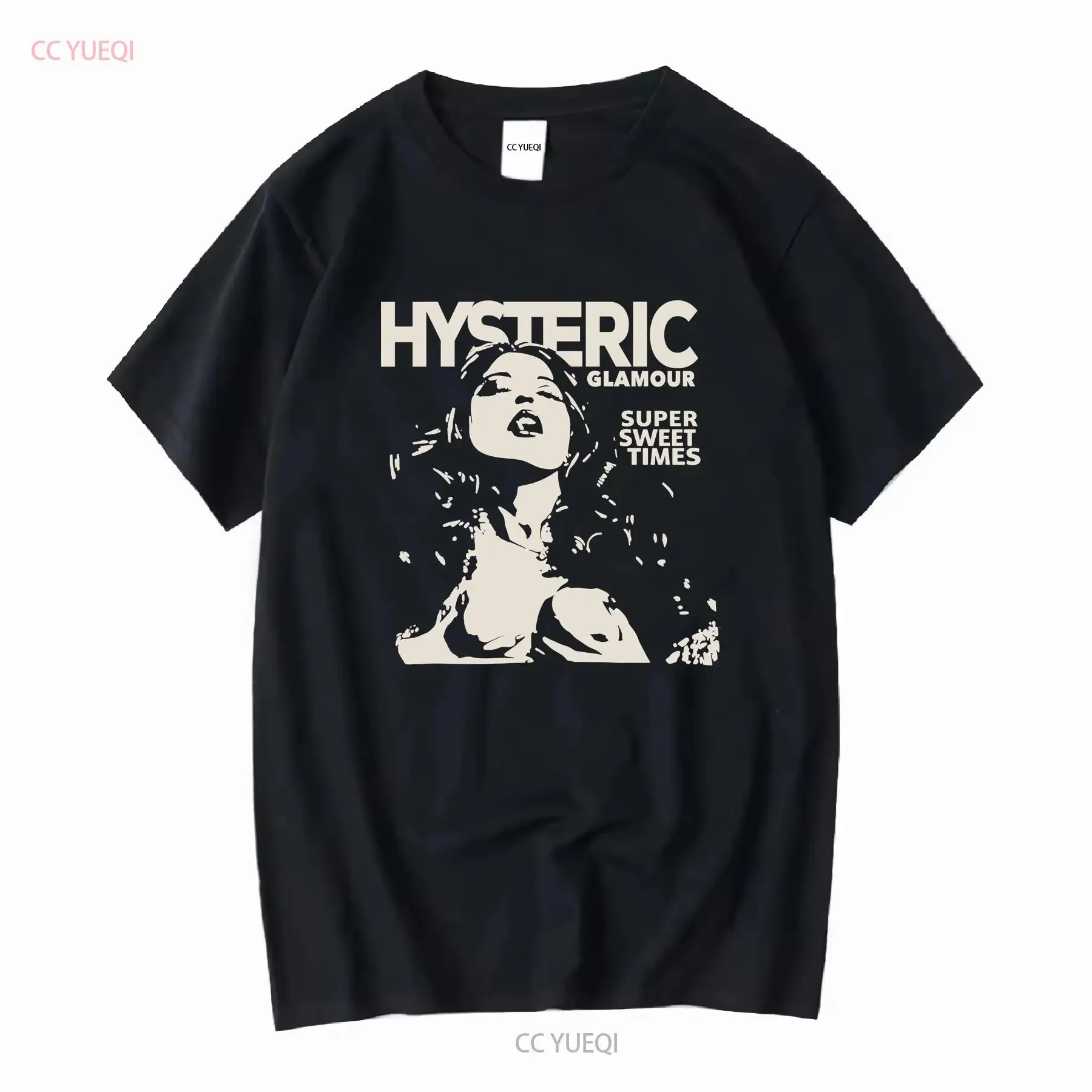 تي شيرت Hysteric Glamour سوبر سويت تايمز قطن أسود NH2720 عتيق مغسول موضة مريحة كاجوال متعددة الاستخدامات قليلاً