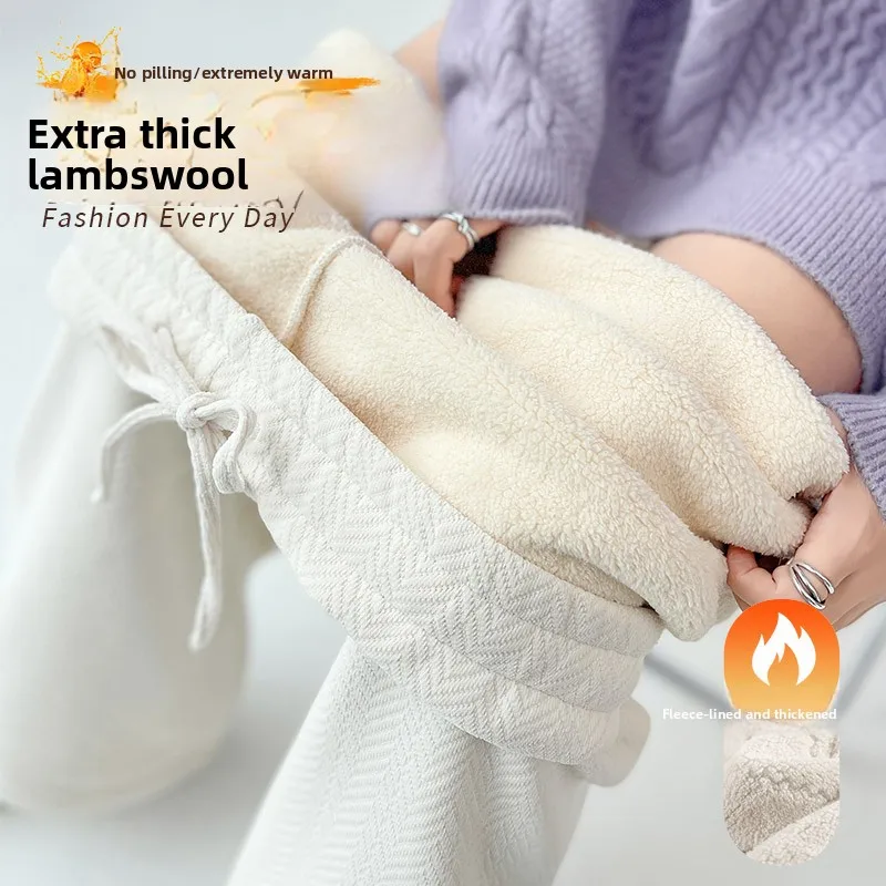 مريحة ودافئة السراويل واسعة الساق المرأة الخريف الشتاء سميكة الصوف ضيق مستقيم قطع السراويل عالية الخصر السراويل الطويلة #4