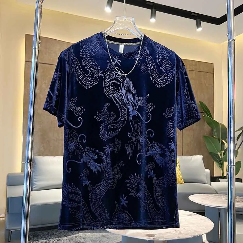 2024 Spring, Autumn and Winter New Gold Velvet Short Sleeve T-Blood Men\'s Slim Jacquard Dragon Pattern T-Blood Undershirt Top