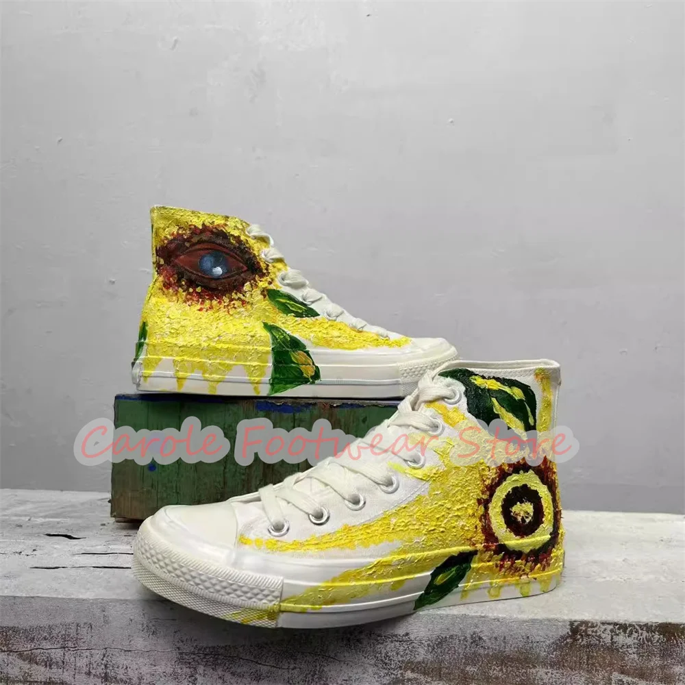 Hand-Drawn Sunflowers Graffiti Women Canvas Shoes Fashion High Top Chunky Bottom High Heel Sneakers Lady Breathable Sport Shoes