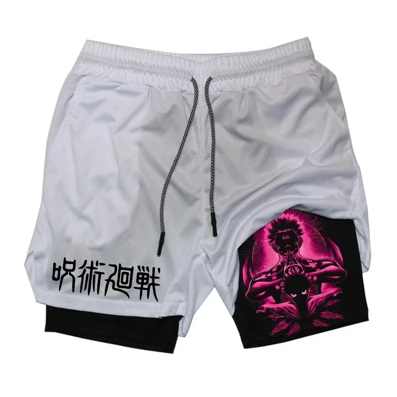 Itadori yuji 2 in 1 Kompression shorts für Männer Anime Jujutsu Kaisen Performance Shorts Basketball Sport Gym Shorts mit Taschen