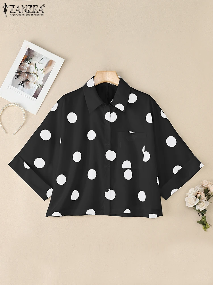 

ZANZEA Осенняя блузка в горошек с принтом, женские рубашки с лацканами и рукавами 3/4, рабочие летние топы, элегантные повседневные праздничные топы Femme