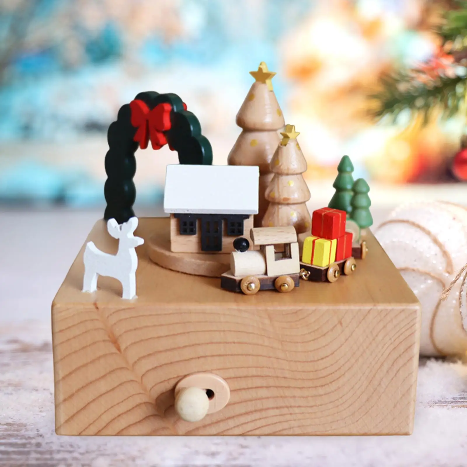 Wood Musical Box Collectible Decorative Figurine Tabletop Ornament Table Centerpiece for Indoor Shelf Desk Fireplace Living Room