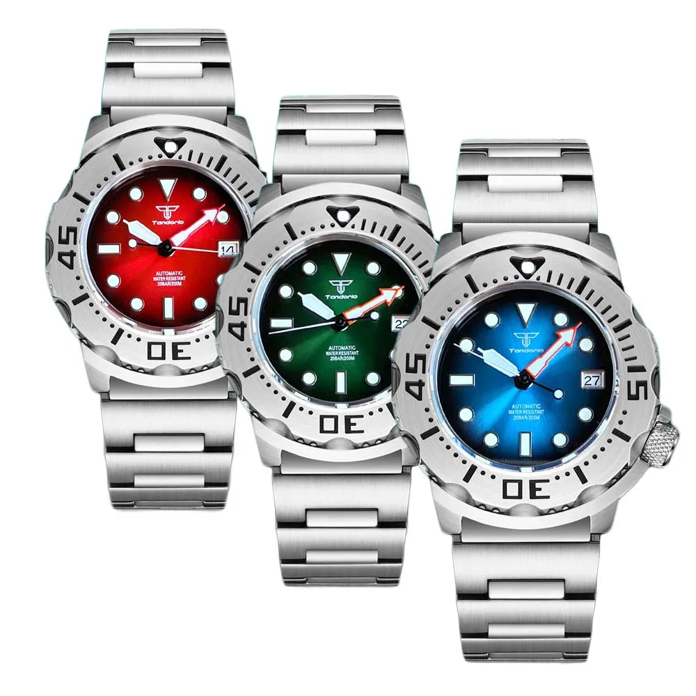 20bar Tandorio Monster Knight Diver Steel Mechanical Men Watch Sunburst Blue/Green/Red S NH36 Movt Steel Bracelet Sapphire