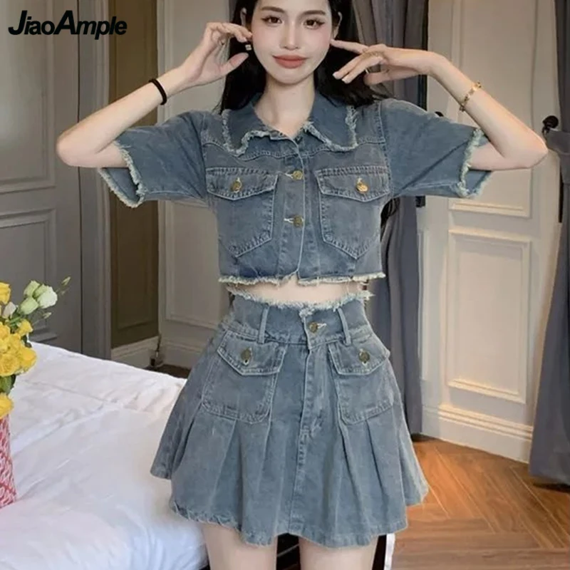 Women Summer Vintage Denim Coat Mini Skirts Two Piece Sets Lady Fashion Personality Short Jackets Skirt Outfits 2023 Streetwwear