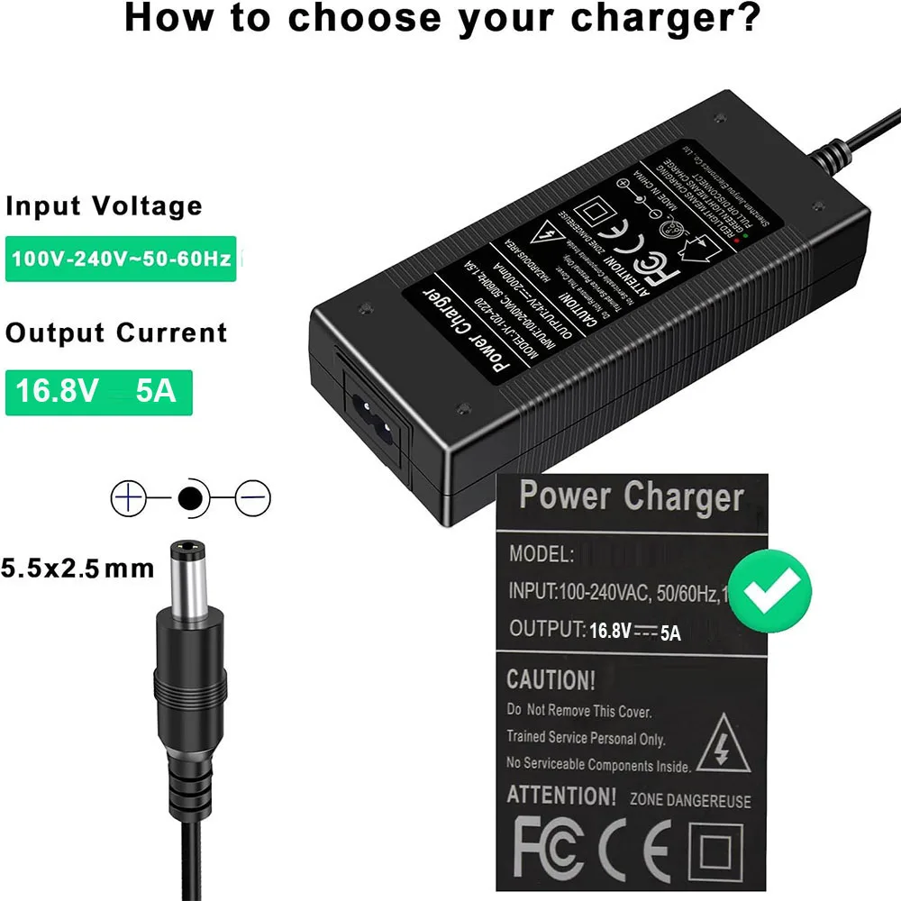 Ładowarka 16.8V 5A 10A ładowarka litowa Ac ładowarka DC 14.8V ze złączem 5.5*2. 1dc