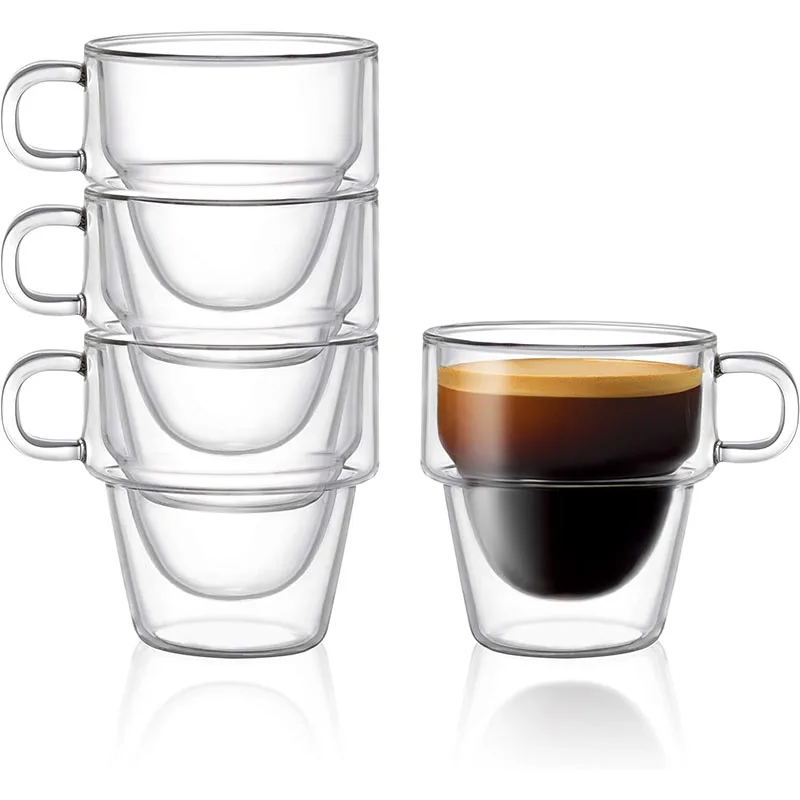 

Double Wall Insulated Espresso Glass Cups – 5/9.5 oz. (150 /280ml) Espresso Shot Glass Cup with Handle