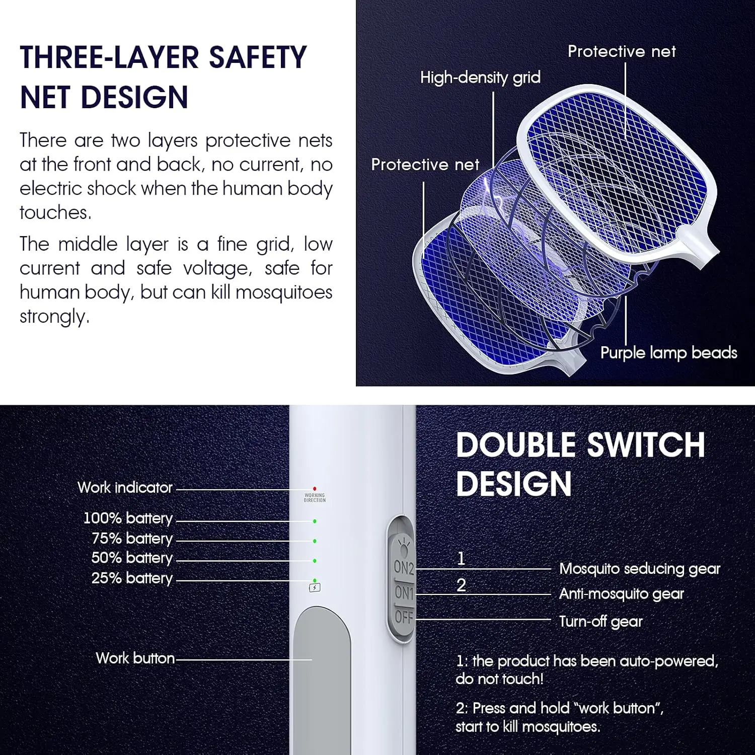 재퍼 라켓, 2 in 1 충전식 전기 플라이 스와터, 실내 및 실외용 모기 스와터, 3 팩, 1800 mAh