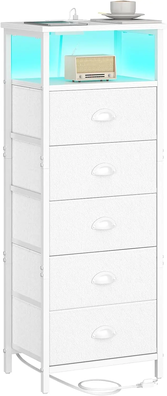 LED Nightstand with Charging Station, 5 Drawers and Open Shelf, White Bedside Table for Bedroom Storage