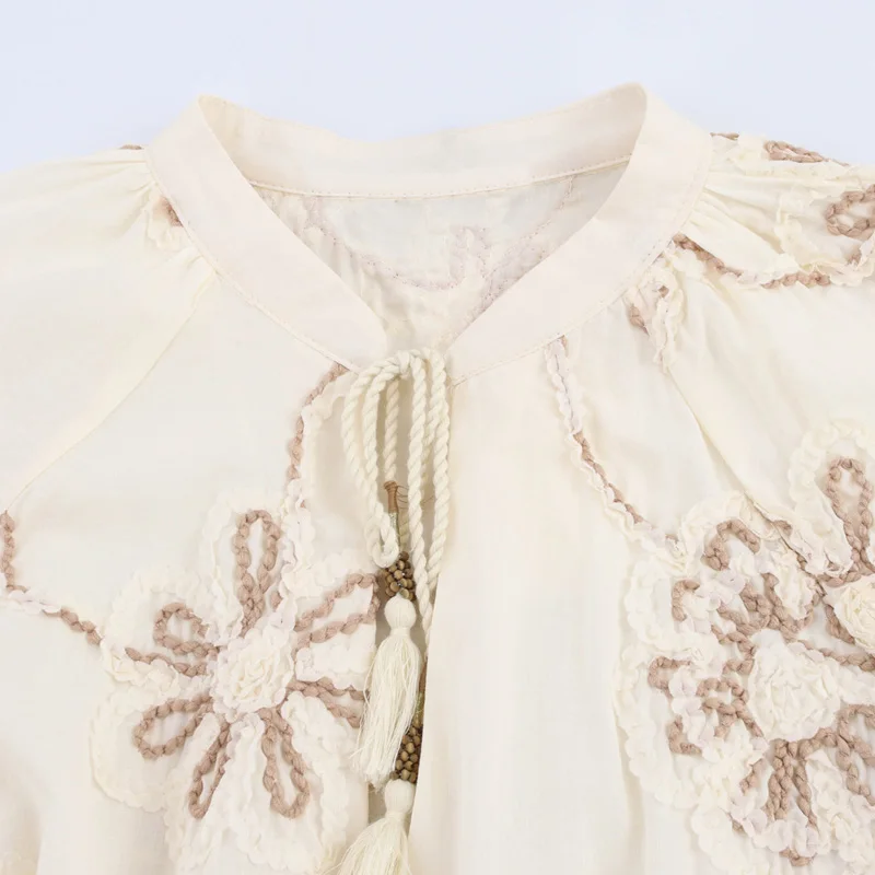 2025 Spring Women Embroidery Blouse V-Neck Long Sleeve Drawstring Neckline Casual Loose Tops Streetwear New Casual Chic Shirt