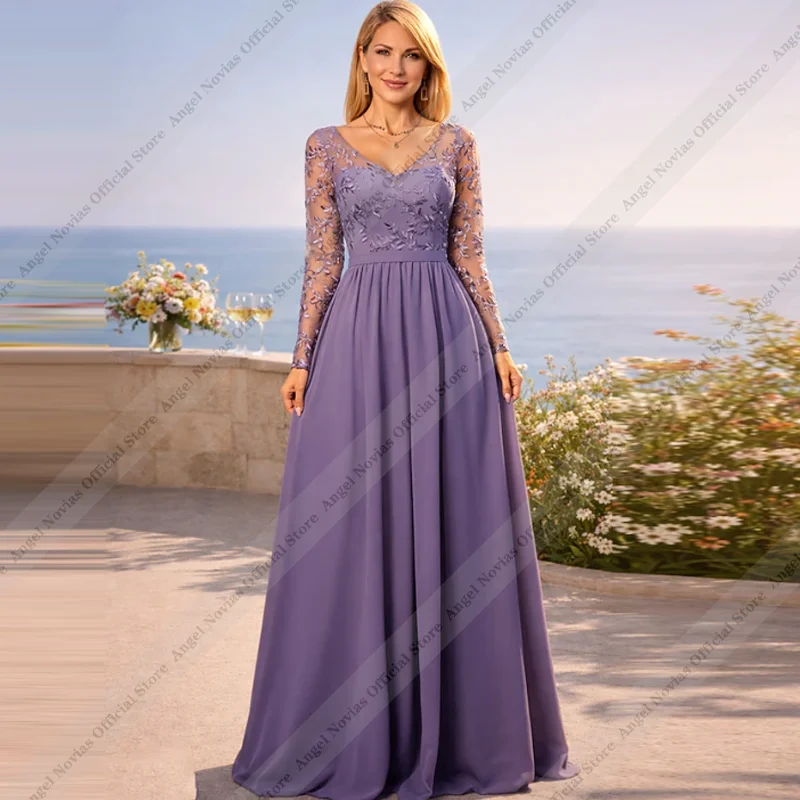Long Sleeves Purple Mother of the Bride Dresses 2026 V Neckline Wedding Party Dress vestidos de mujer elegantes para fiesta boda