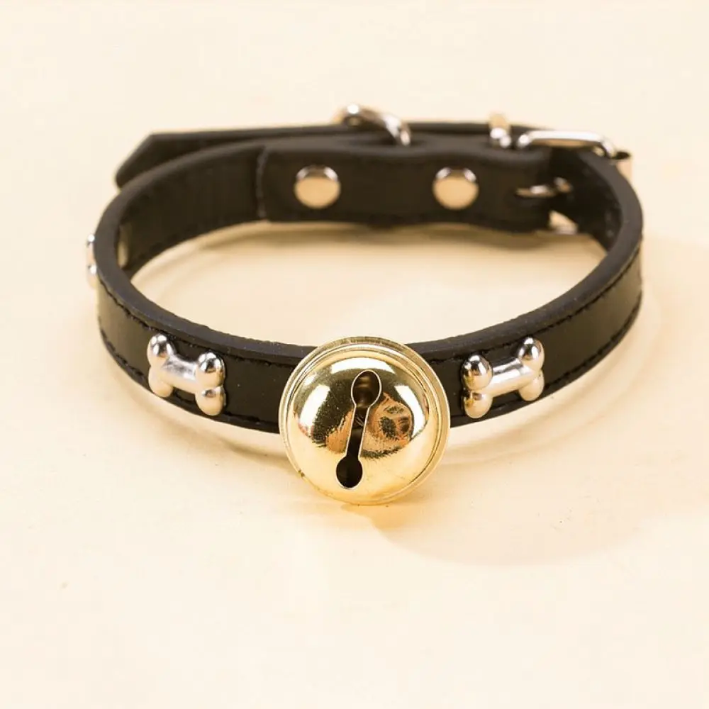 Cat Collar With Bell Adjustable Puppy Neck Strap Durable Pu Leather Accessory For Small Dogs Teddy Pomeranian Walking Safety