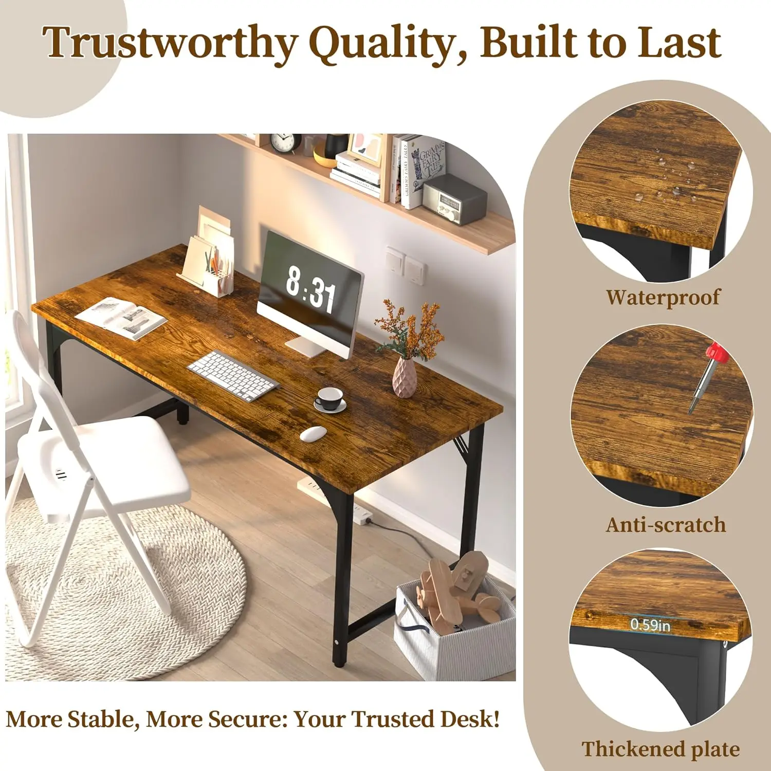 Computer Desk, 55in Computer Desk, Office Desk w/Metal Frame, Office Desk w/Water-Resistant, Scratchproof Surface, Home Offi