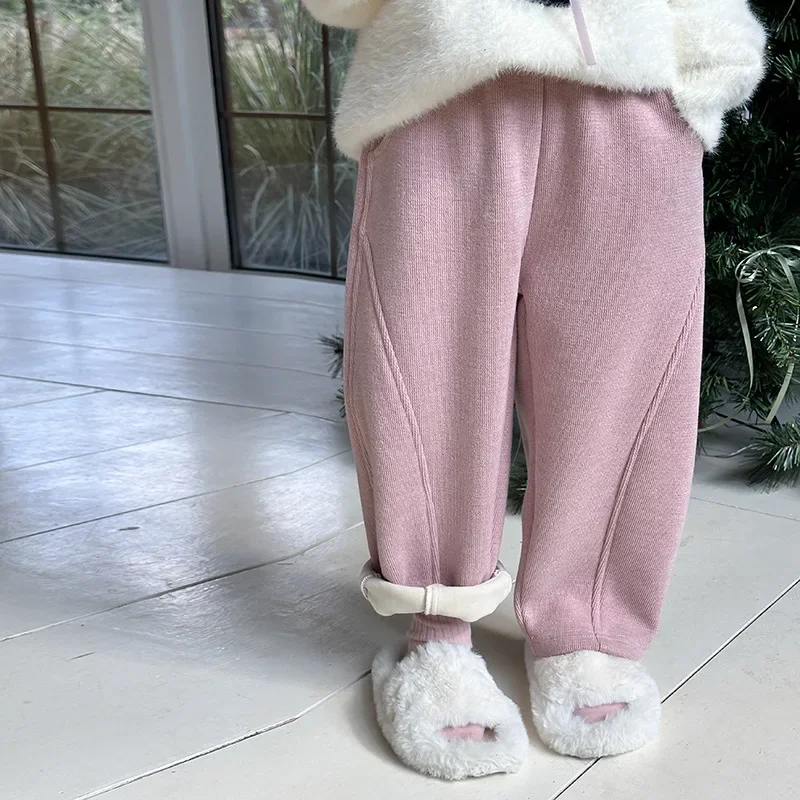 Girls Pants 2024 Winter New Childrens Wear Korean Baby Girl Plus Fleece Composite One Curved Knife Pants Casual Simple and Cute