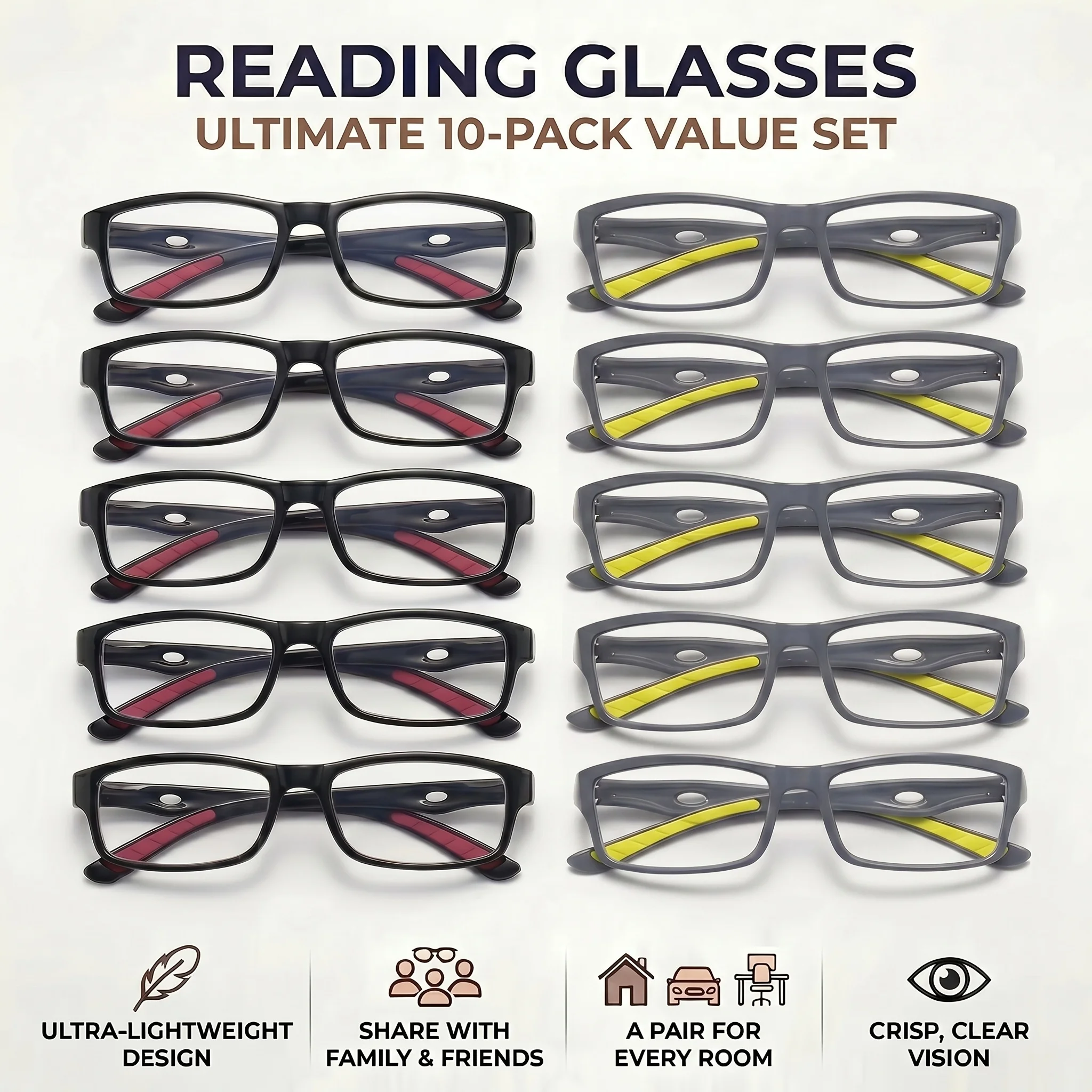 10 Pair Retro Rectangular Reading Glasses, Anti-Slip Hollowed Temple Design, Home/Office Backup Set