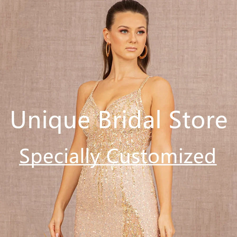 Aangepaste prachtige galajurken Mooie pailletten Spaghettibandjes V-hals A-lijn Mouwloos voor dames Avondmode Feestjurk