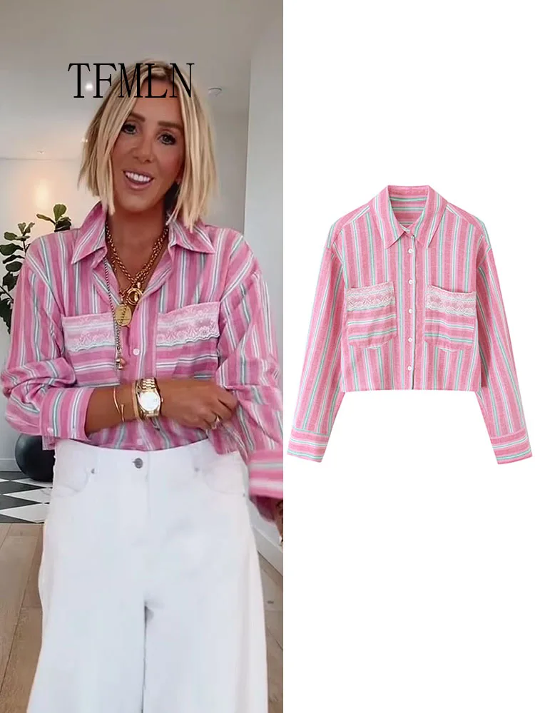 Lace Striped Short Blouses For Women Fashion Lapel Single Breasted Sweet Shirts Long Sleeve Cropped Shirts Tops 2026 Summer