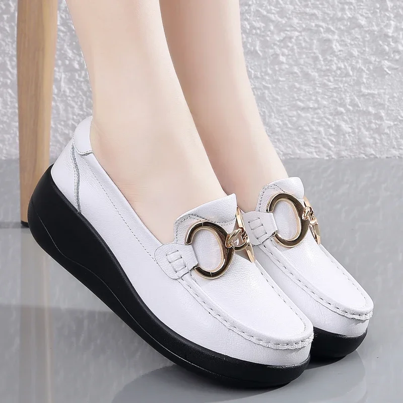 Fashion Women Loafers Luxury Brand Comfortable Casual Shoes Metal Decoration Platform Shoes Height Increasing Walking Sneakers