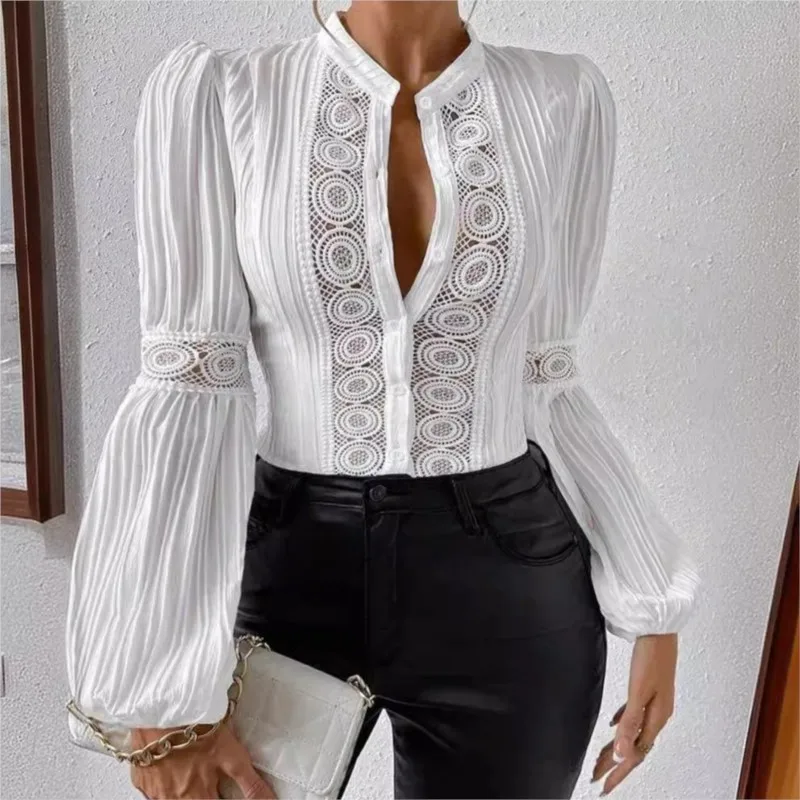 Solid Color Elegant Women's Shirt With Small Stand Up Collar Lace Hollow Splicing, Long Sleeved Lantern Sleeves New Spring Shirt