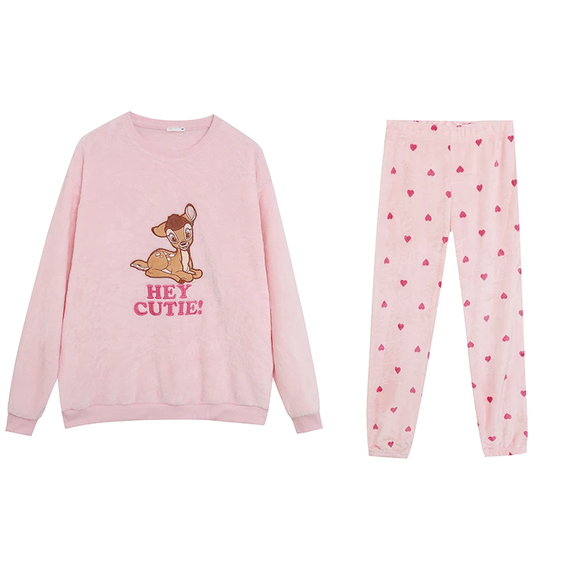 

Милый комплект для сна из кораллового флиса с длинными рукавами и круглым вырезом, с длинными брюками, вышивкой, молодежный, комфортный, для дома