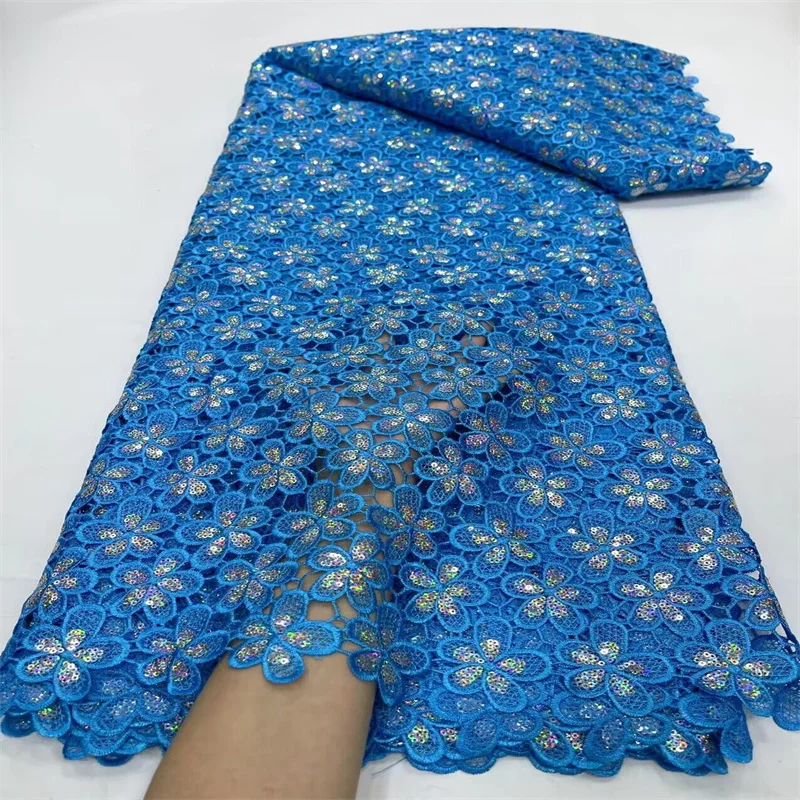 

African Nigerian Tulle Sequins Lace Fabric, Water Soluble Party Gown, Organza Embroidery, French Dress, Blue, High Quality