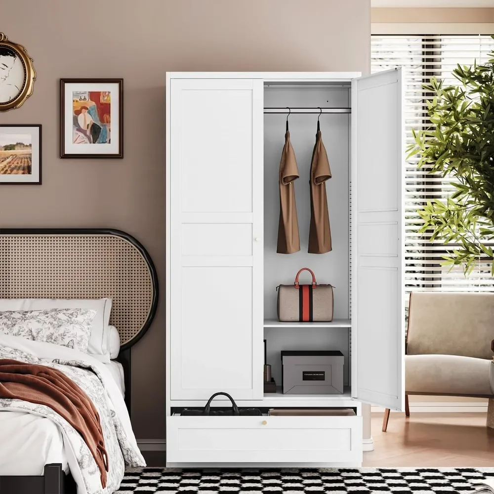 Metal Wardrobe Closet with Storage Drawer and Adjustable Shelves
