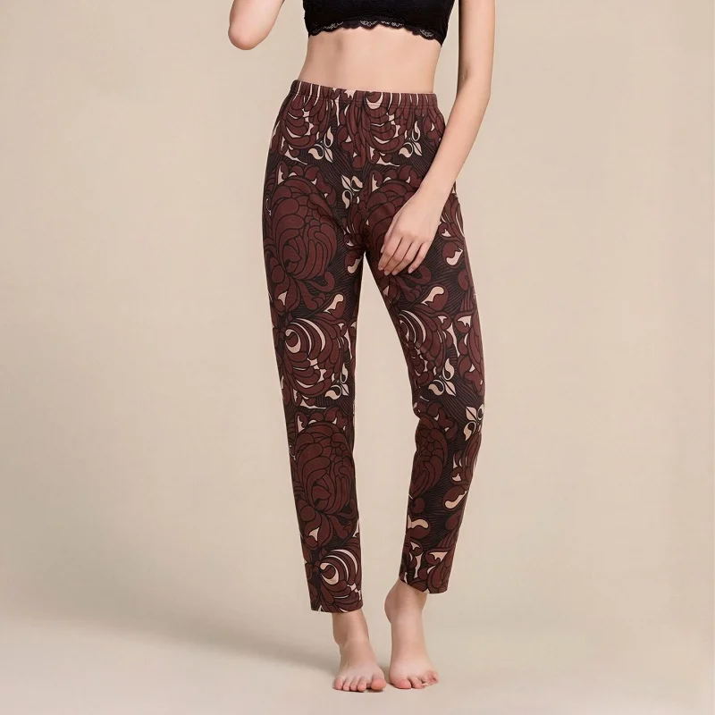 Birdtree 80% Real Silk 20% Wool Leggings, Women's Print 2026 Autumn Winter Warmth Long Johns, High Waist Soft Pants P69108JF