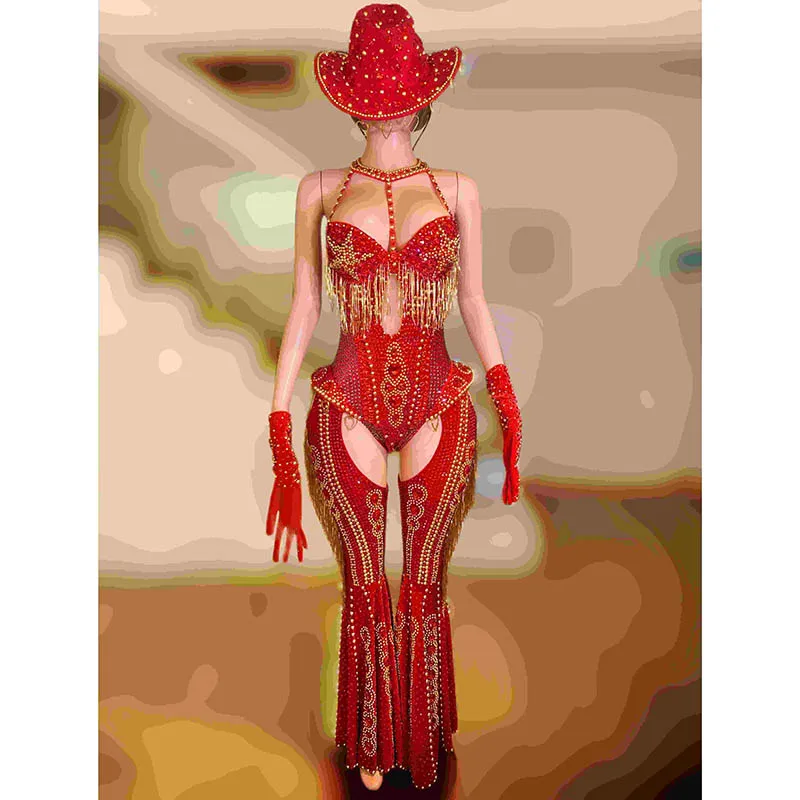 Full Diamond Red Jumpsuit Nightclub Bar Dj Performance Stage Costumes For Women Gogo Dancers Outfits Drag Queen Clothes DN19394