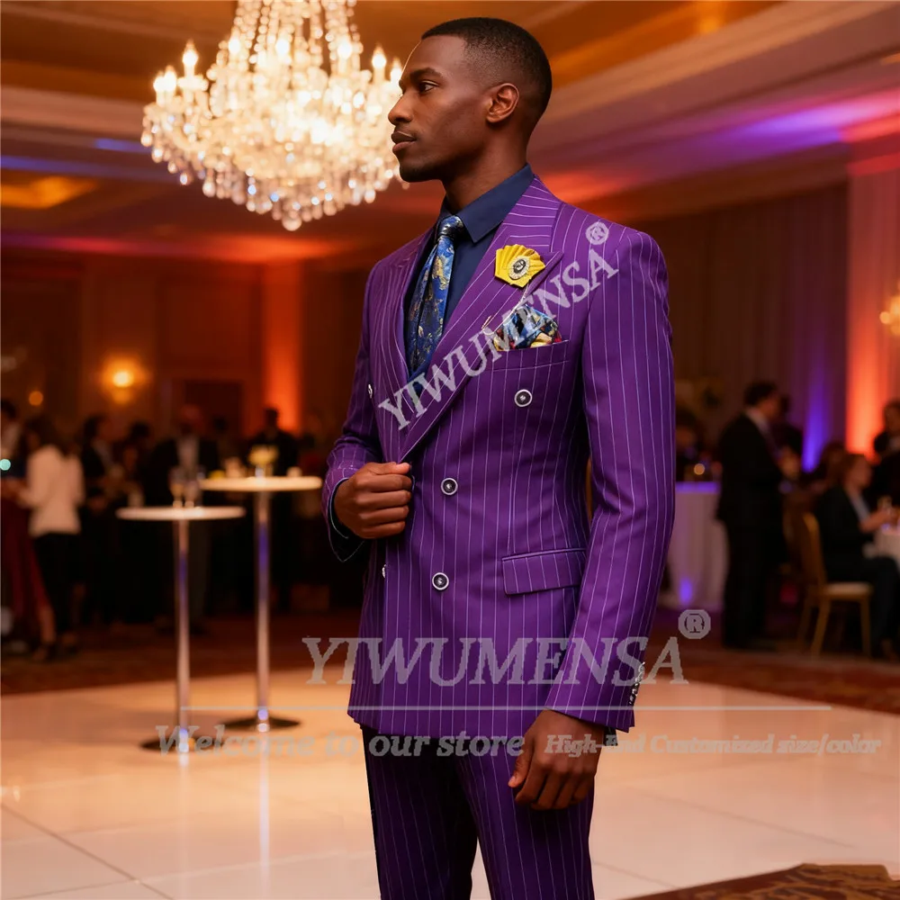 

Elegant Purple Men's Suits Pinstripes Double Breasted 2 Pieces Jacket Pants Customized Wedding Tuxedos