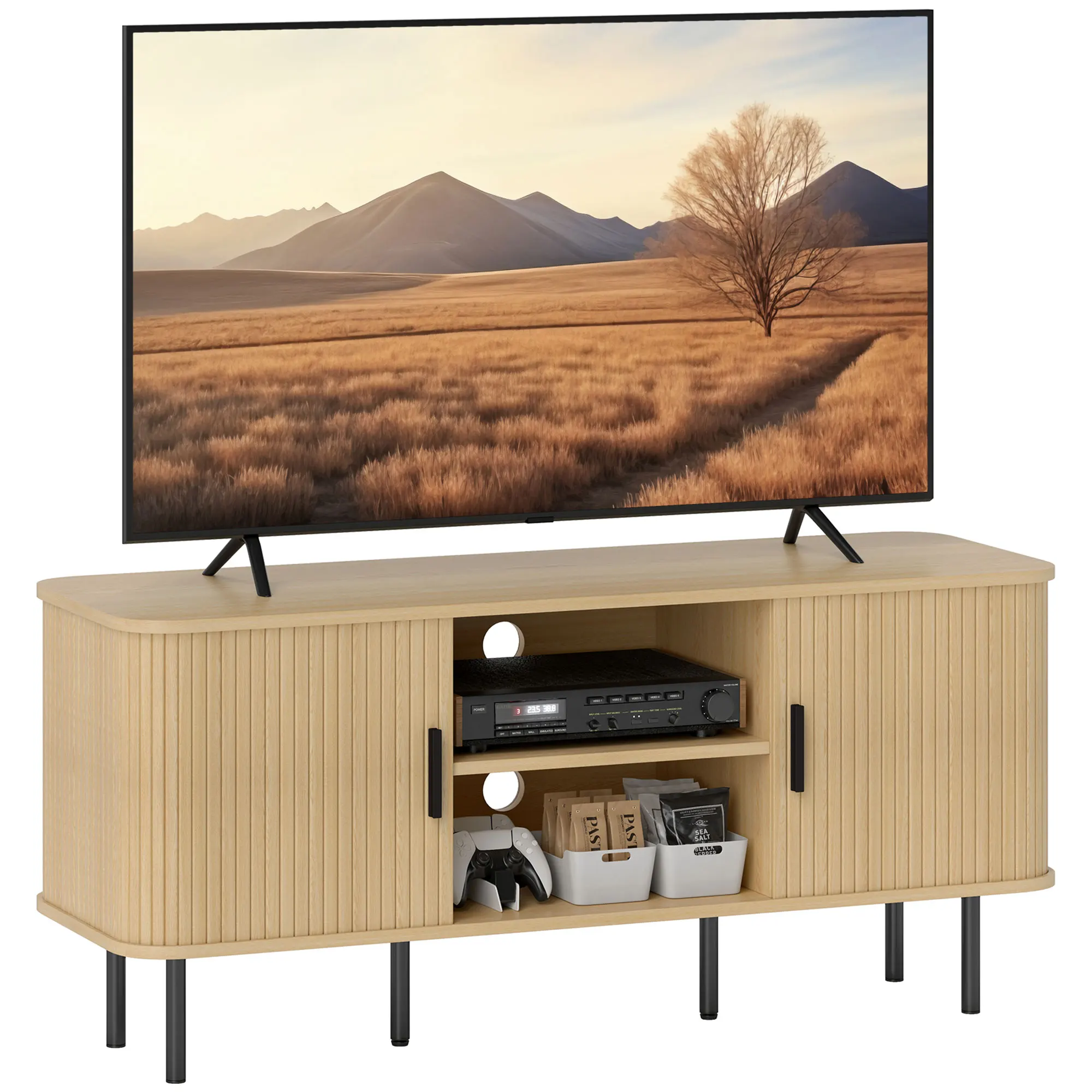 Mueble de TV de diseño escandinavo con 2 puertas de listones para televisores de hasta 55 pulgadas cm en tono roble