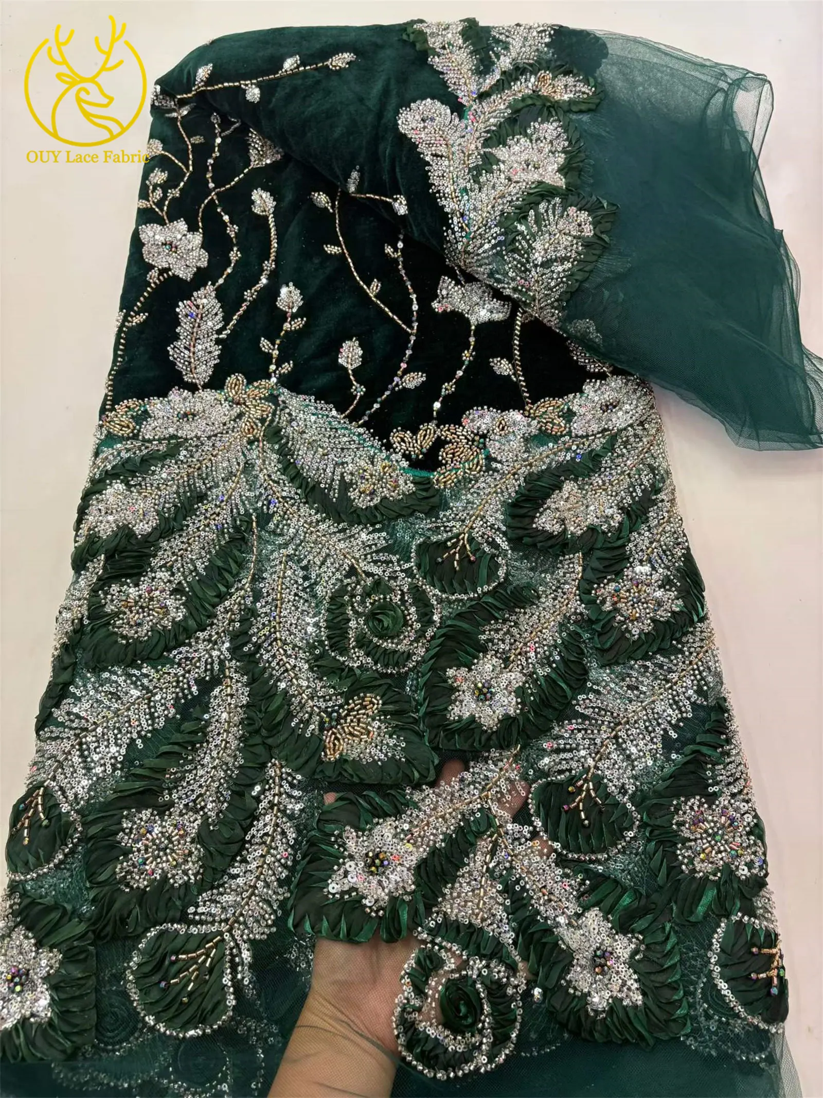 Afrikanischer Perlen-Samtstoff Nigerianischer Französischer Perlen-Spitzenstoff zum Nähen 2026 Hochwertiger Hochzeits- und Partykleidstoff 5 Yards – Detail 9