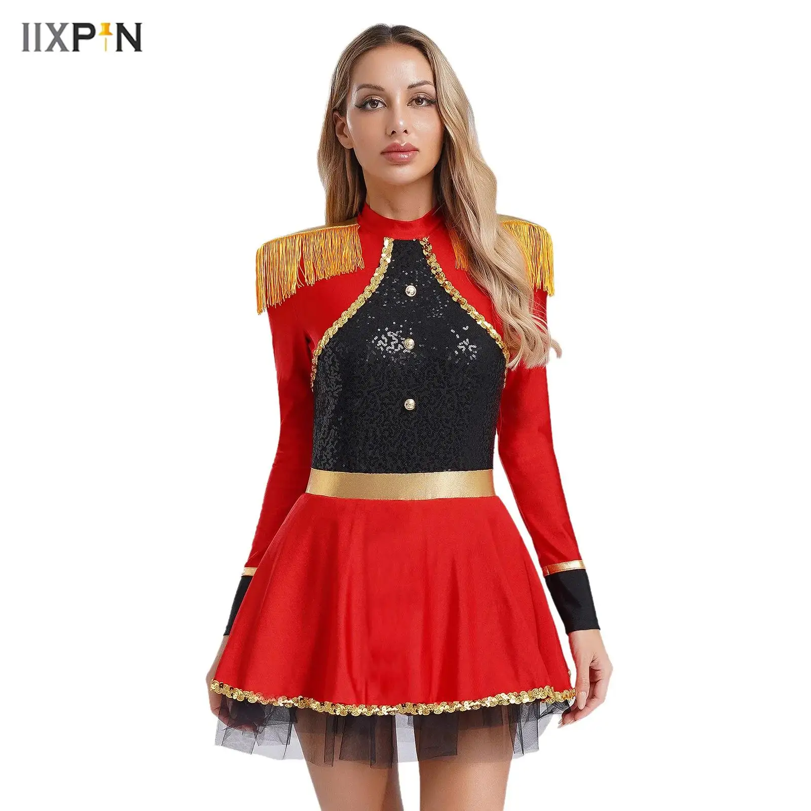 

Women Circus Ringmaster Bodysuit Dress Long Sleeves Fringe Shoulder Patches Sparkly Sequins Dress Halloween Cosplay Costume