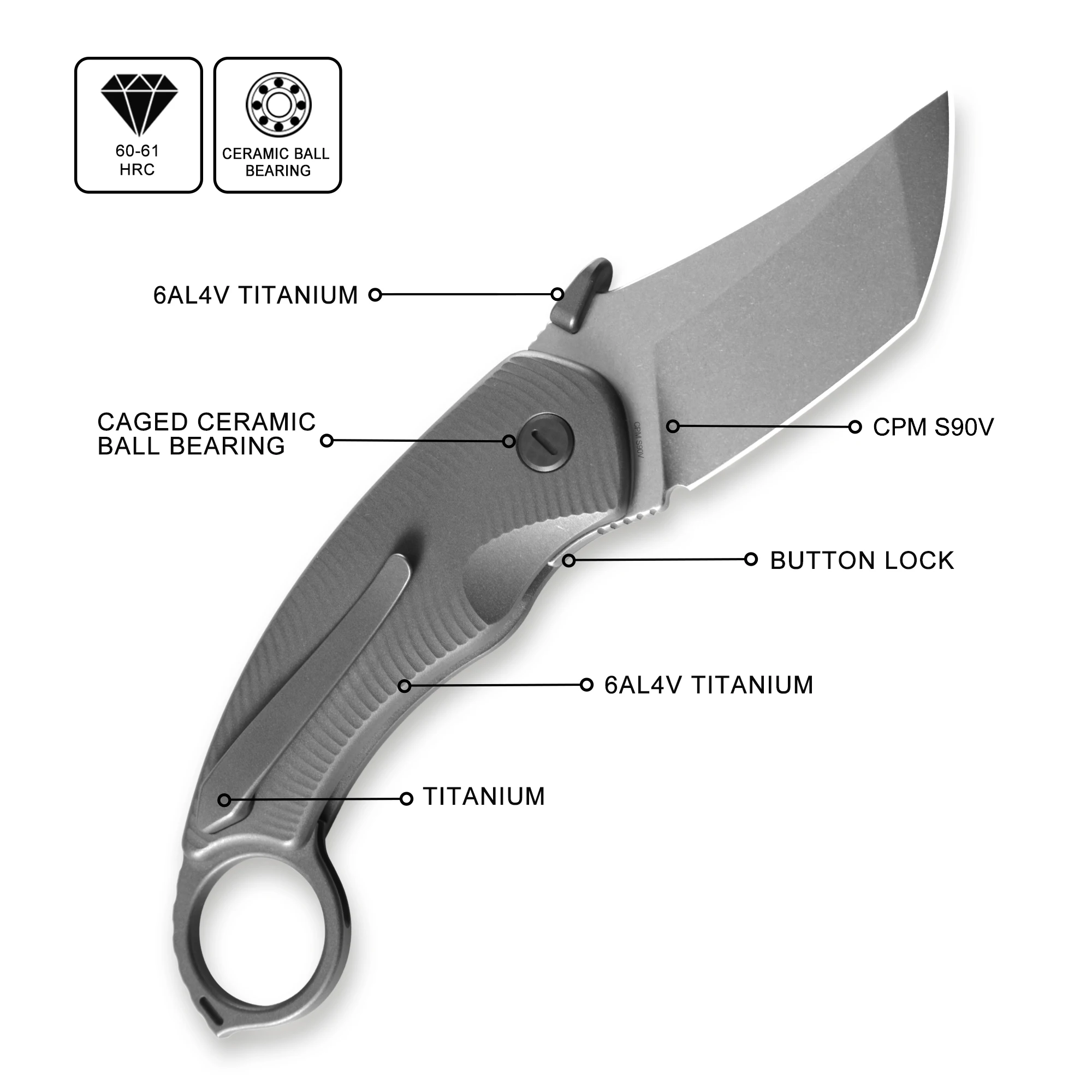 CAVOLKNIFE Kobra-C10 Ti Handle CPM S90V Button lock Karambit Knife