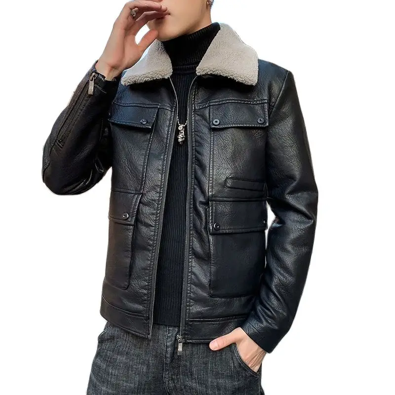 S-4XL New Fleece Thickening Solid Color All-match Korean Style Slim Fit Leisure Handsome Leather Jacket Men's Leather Jacket