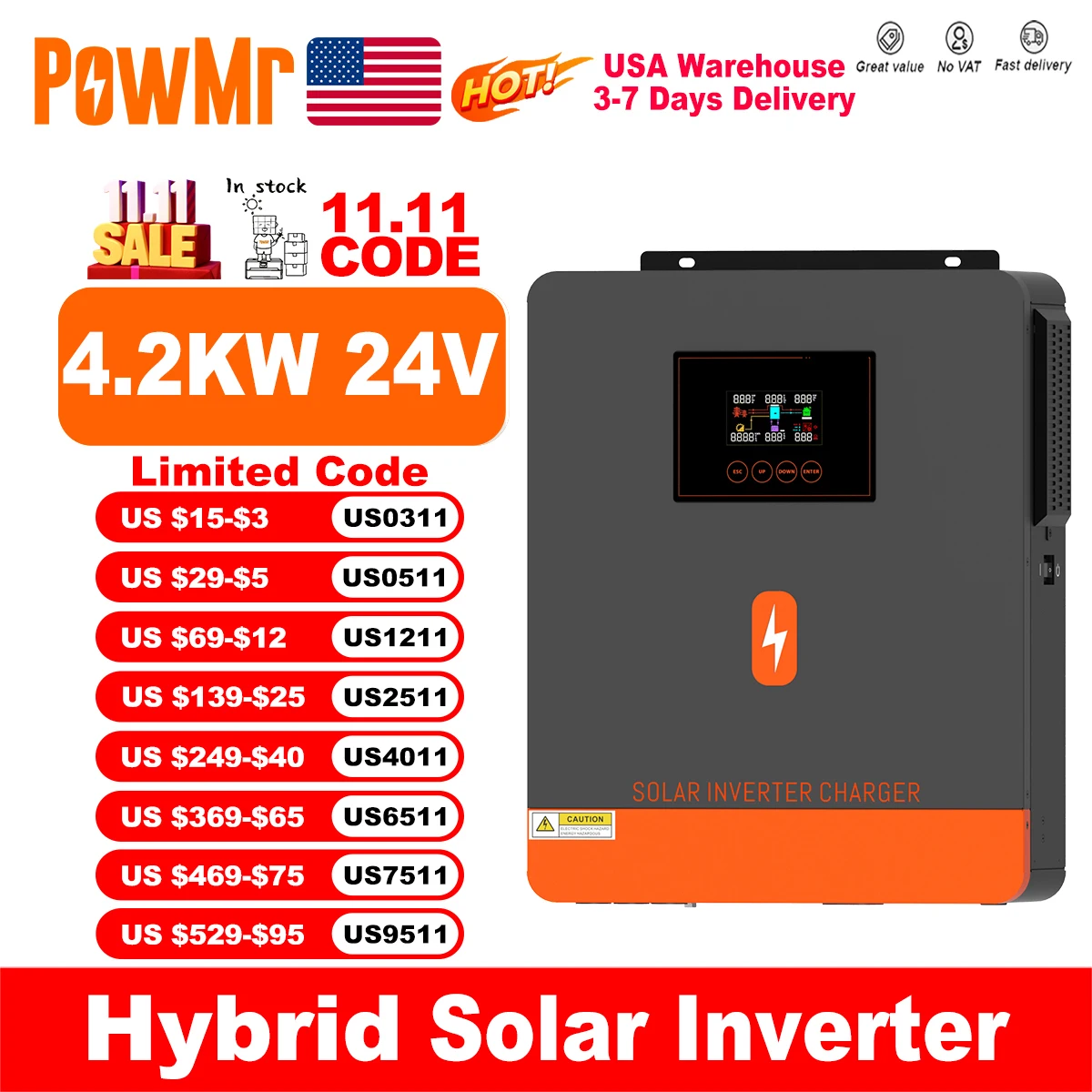 

PowMr США 4,2 кВт/4,2 кВА гибридные солнечные инверторы от 24 В до 220 В с поддержкой выхода Wi-Fi MPPT 120A регулятор заряда для Power Bank Lifepo4