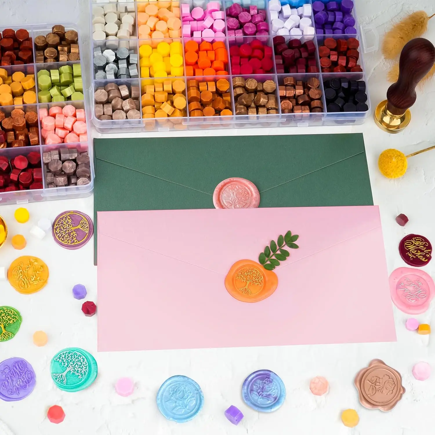 Metallic Assorted Color Wax Seal Beads Kit with Retail Box, 48 Colors Sealing Beads, Sealing Wax Warmer and Spoon, 4 Candles