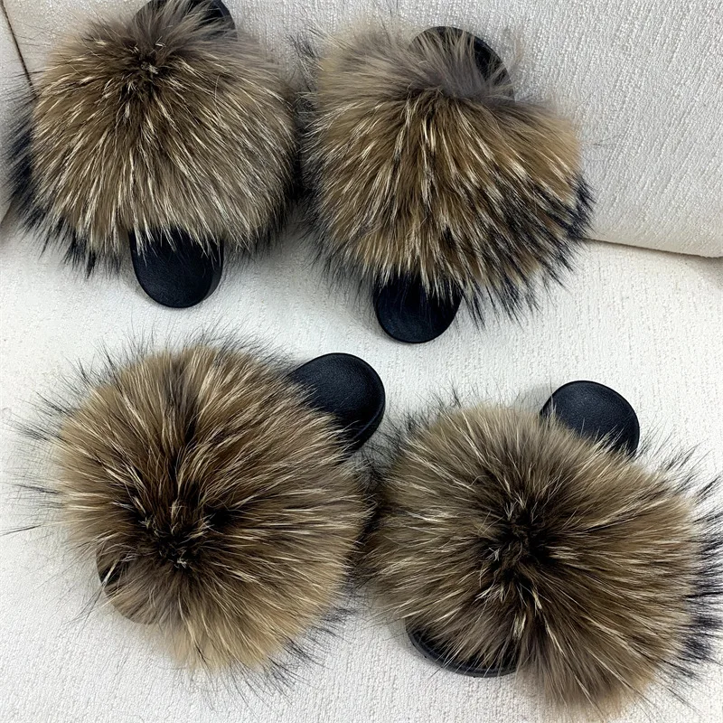 Summer Women Kids Fox Fur Slippers Mother Daughter Real Fur Slippers Plush Baby Slides Ladies House Shoes Furry Fur Flip Flops