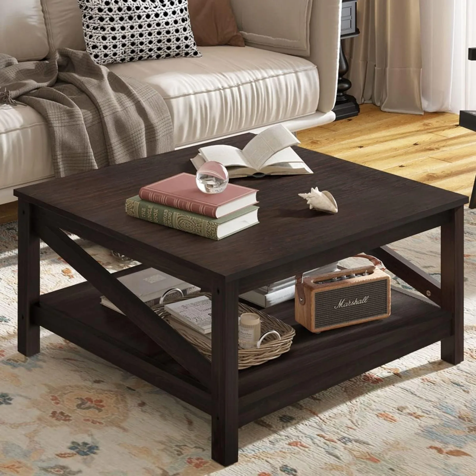 

US 2-tier Square Coffee Tables with Storage,Coffee Table for Living Room,Center Table