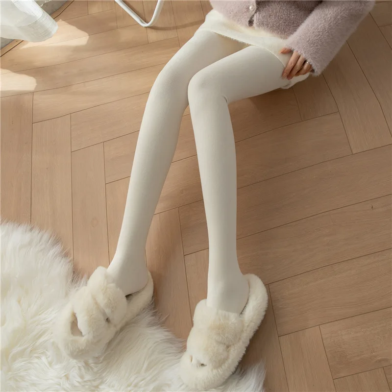 Japanese Style Milky White Pantyhose Autumn and Winter Fleece-Lined Thick Warm Leggings Women\'s High Waist Slimming Vertical Str