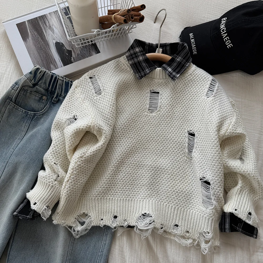 Knitted Coat Base Layer Shirt Sweater Boys Children Spring Autumn Korean Loose Casual Fashionable Cool Personality