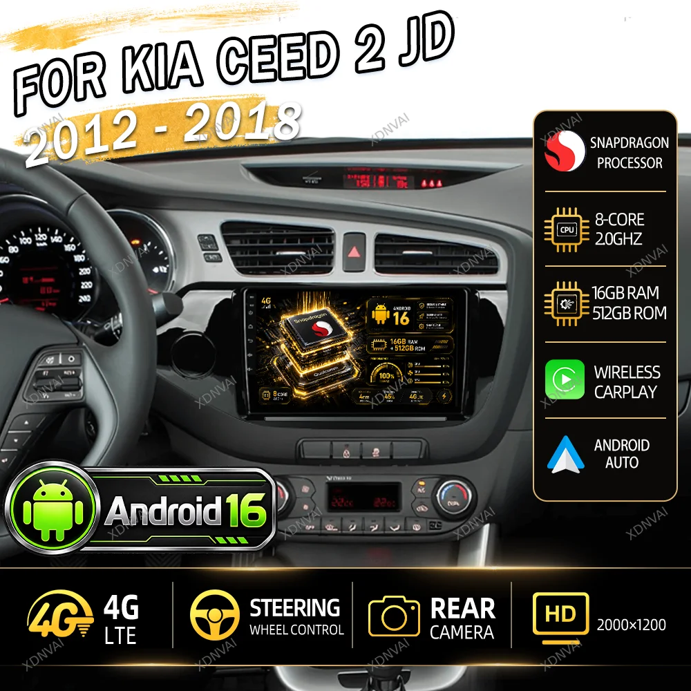 Android 16 For Kia CEED 2 JD 2012 - 2018 Video Player Car Radio Multimedia Qualcomm BT Navigation RDS Head Unit DSP Carplay GPS