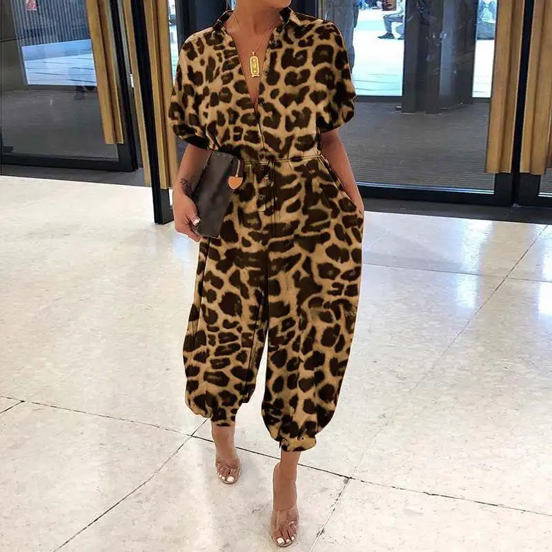 Leopard Printed Jumpsuit Women 2024 Summer New Short Sleeves Leace-up Pocket Casual Jumpsuits Fashion Vintage Ladies Bodysuits