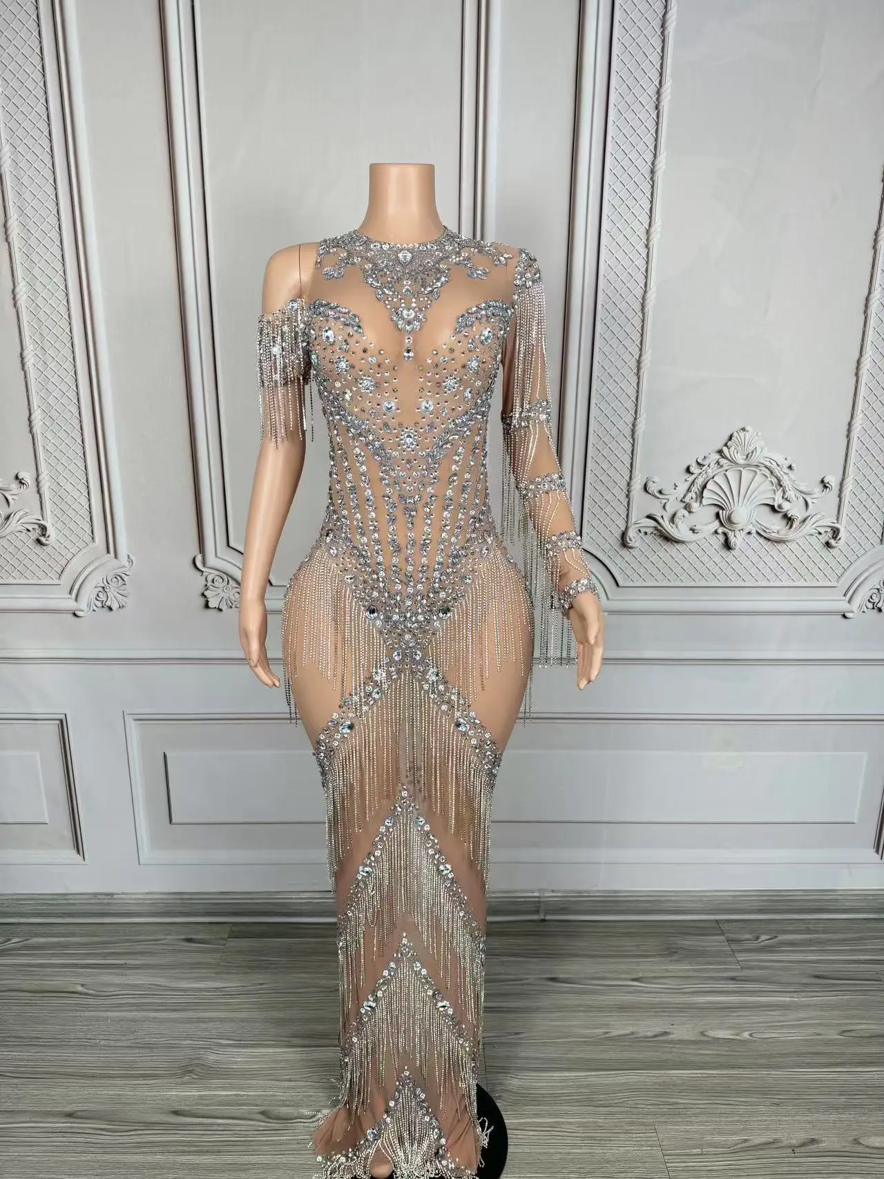 Nachtclub Tänzerin Kleidung Party Rave Outfit Abendkleid Silberkette Fransen Mesh Durchsichtig Sexy Drag Queen Kostüm