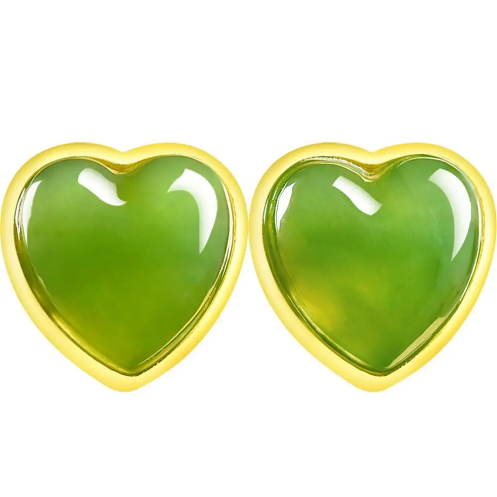 Spinach Green Natural Old Material Hetian Jade Heart-shaped Stud Earrings Women S925 Silver Inlaid Simple Elegant Luxury Jewelry
