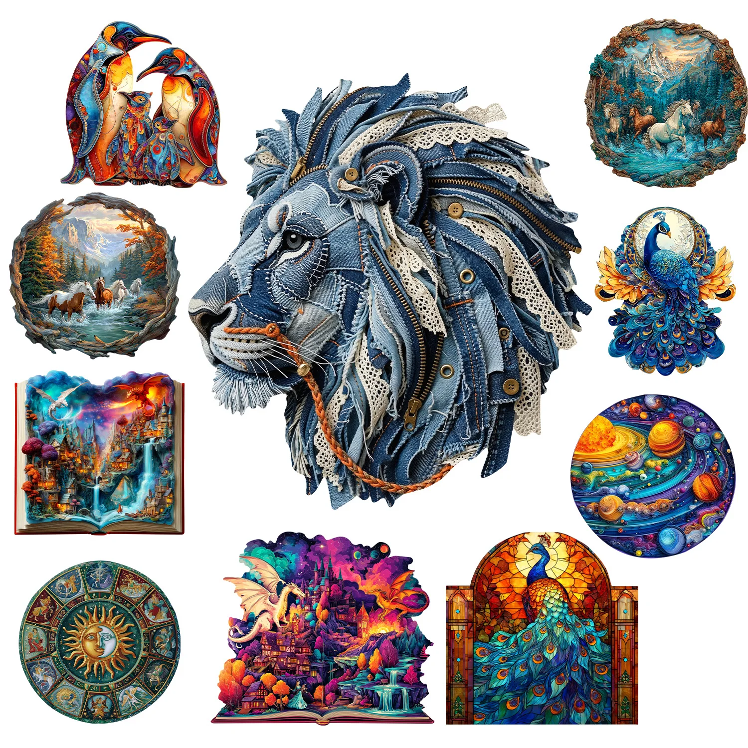 Grey Lion Theme Wooden Jigsaw Puzzle Wooden Decor Painting Christmas and Halloween Gift Toy for Teen and Kid